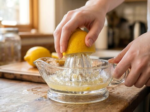 Hands Squeezing Fresh Lemon on a Squeezer