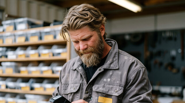 bearded man in worn work jacket using label maker to print storage box labels, organized shelving unit behind him filled with clear bins sorted by category, pegboard tool wall