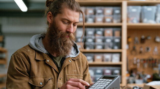 bearded man in worn work jacket using label maker to print storage box labels, organized shelving unit behind him filled with clear bins sorted by category, pegboard tool wall