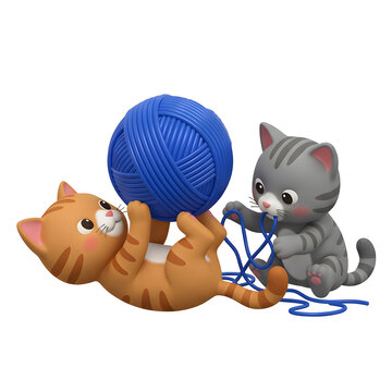 Two cute cartoon cats playing with a blue ball of yarn