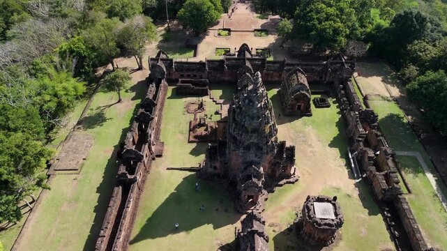Birds-eye view of the remarkably preserved Khmer architecture and stone towers at Phanom Rung ancient historical site