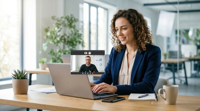 Smiling professional woman with curly hair in blue blazer having video conference call on laptop screen, online meeting and digital communication in modern bright office space