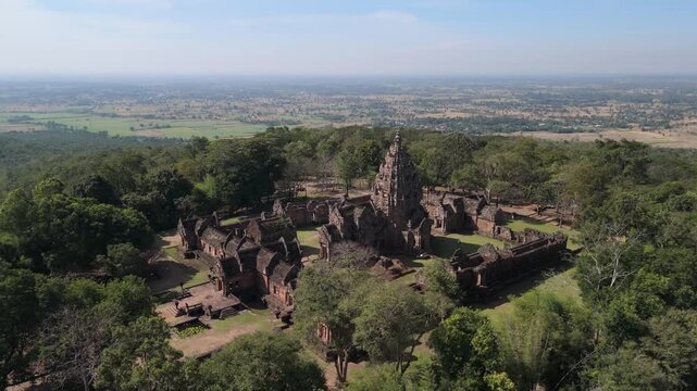 Birds-eye view of the remarkably preserved Khmer architecture and stone towers at Phanom Rung ancient historical site