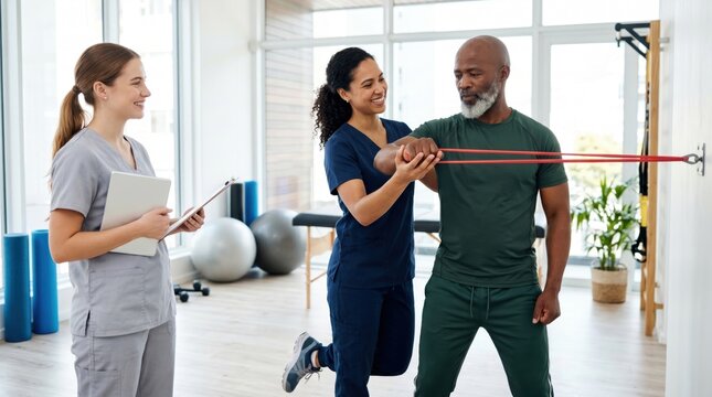 Senior man doing resistance band exercise with physical therapist guidance, rehabilitation and senior fitness concept in bright medical clinic facility