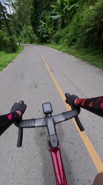 A cyclist's view from the handlebars on a scenic road surrounded by lush greenery, showcasing the thrill of outdoor adventure.