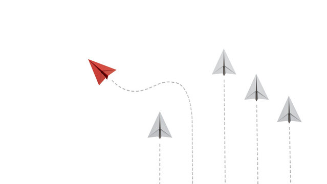 Different business concept. Red paper plane changing direction from white paper plane. new ideas. paper art style. creative idea.Supports PNG files with transparent backgrounds.