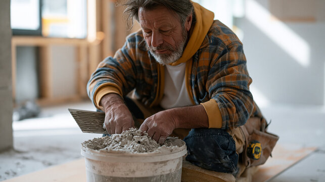 seasoned tile contractor mixing thinset mortar in plastic bucket on bathroom subfloor, kneeling pad beneath knees, notched trowel resting across bucket rim, cement board substrate