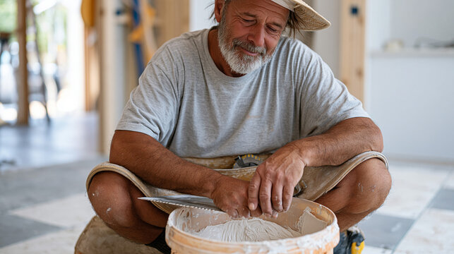 seasoned tile contractor mixing thinset mortar in plastic bucket on bathroom subfloor, kneeling pad beneath knees, notched trowel resting across bucket rim, cement board substrate