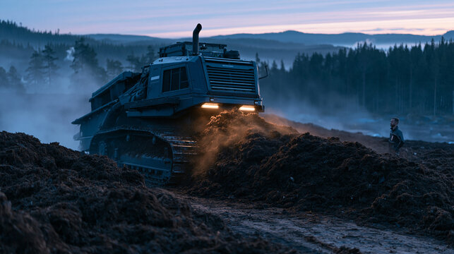 Composting automation facility at scale, a site supervisor observes an autonomous turning machine processing windrows of food and agricultural organics at twilight, steam rising
