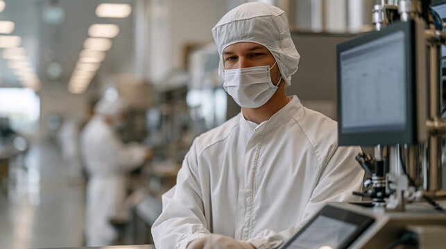 Insect protein facility processing line at full scale, workers in food-grade protective gear operate automated sorting equipment separating dried black soldier fly larvae from