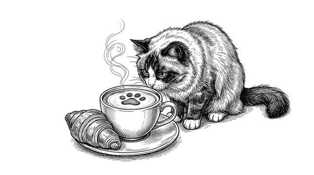Vintage engraved illustration of a fluffy Ragdoll cat looking at a cup of hot coffee and a croissant. Detailed black and white sketch for a pet-friendly cafe.