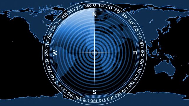 Royal blue  color radar scanning indicator search system HUD display loopable world map background 