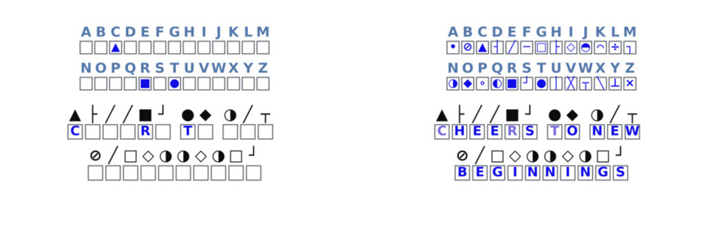 New Year cryptogram puzzle featuring symbols and letters on white background  