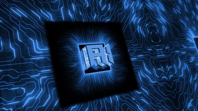 Royal blue  color ai 3d text animation with motherboard data transfer hi tech design technology background