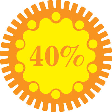 Orange and yellow circular badge with a serrated edge and a central text indicating 40% discount for promotions, sales, and special offers with a clean modern design and decorative elements
