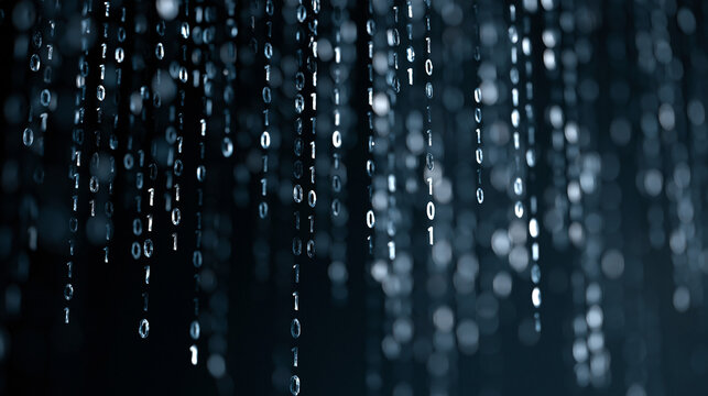 Cascading binary code digits flowing vertically against a deep background with varying opacity creating depth and movement, tech industry background ideal for cybersecurity,