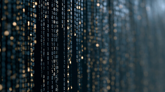 Cascading binary code digits flowing vertically against a deep background with varying opacity creating depth and movement, tech industry background ideal for cybersecurity,