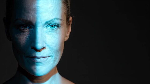 Woman with digital scanning beam passing over her face. Cybernetic identification concept. Biometric authentication with blue light projection on human skin
