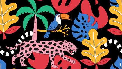 Vibrant jungle scene with pink jaguar, toucan, and tropical leaves © Sorna Moni