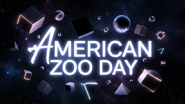 American zoo day text with floating geometric shapes in a dark cosmic galaxy space