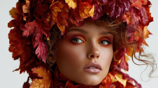 Close-up beauty photograph of a woman with an intricate wreath made of red, orange, and yellow autumn leaves, with subtle warm makeup, against a white studio backdrop