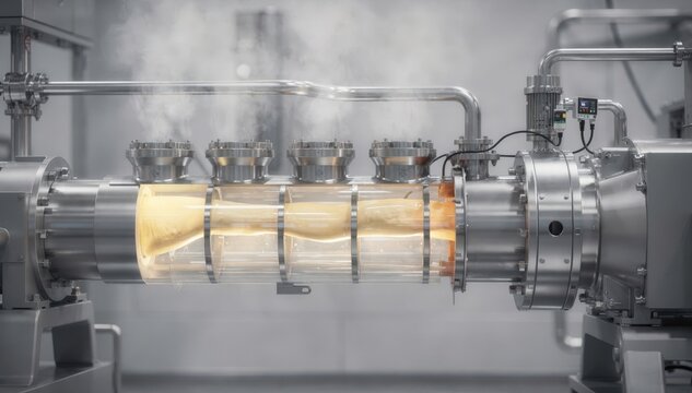 Medium shot focusing on a vented barrel extrusion system where gas evacuation improves polymer quality and reduces energy use during reactive extrusion.