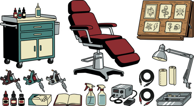 Professional tattoo studio vector icon set with adjustable chair supply cart machines ink bottles and flash art board