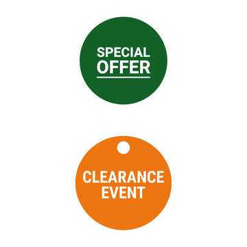 Green Special Offer and Orange Clearance Event Circular Promotion Tags for Retail Sales