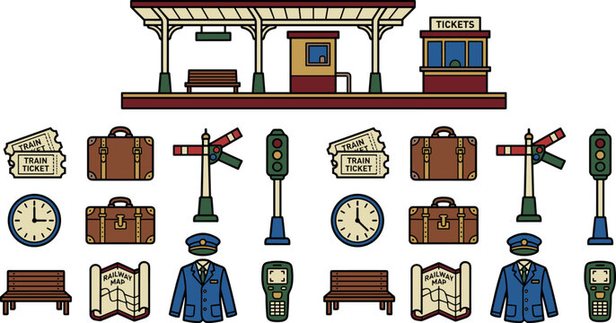 Railway station platform vector icon set featuring a ticket booth luggage suitcases signals train tickets and conductor uniform