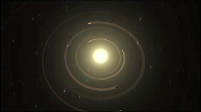 Animation of solar system planetary orbits. Futuristic scientific diagram of planet trajectory lines revolving around the bright sun in outer space.
