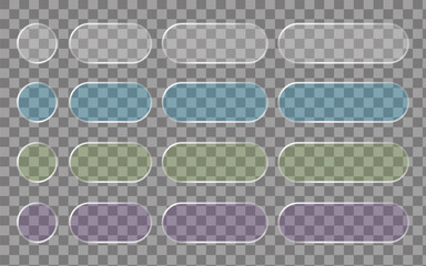 Fototapeta premium Colorful Liquid Glass Interface Elements Collection Transparent PNG. Liquid Glass Interface Components Pack Transparent PNG. Colorful translucent glassmorphic pill buttons UI kit.