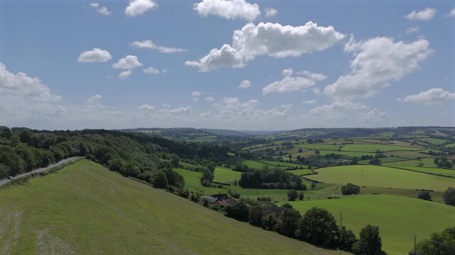 Aerial vista from top of Box Hill towards A4 Bath road of Wiltshire countryside on a summers day.