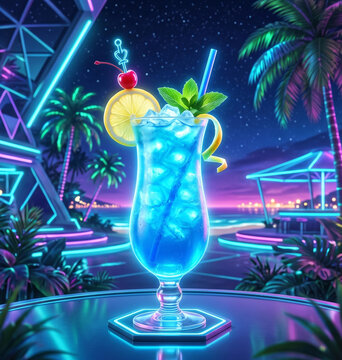 Blue Lagoon cocktail glass on neon night beach party background