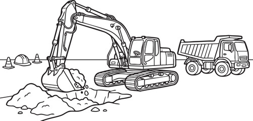 Excavator digging ground with dump truck coloring page, heavy construction site vehicles line art outline vector illustration for kids, © RABBI