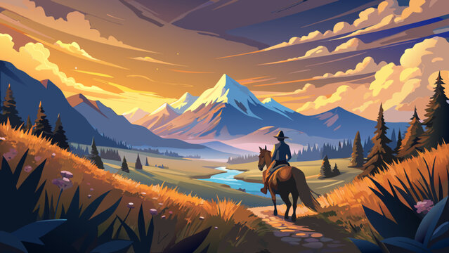 vector illustration of  mountain landscape with horses
