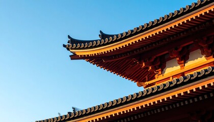 Fototapeta premium Pagoda Eave Detail Minimalist Architectural Style Against Sky