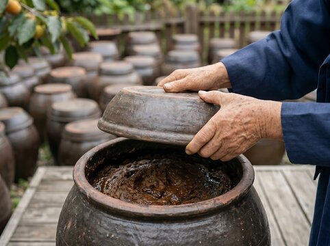 Hands of a cook opening an earthenware jar filled with traditional Doenjang