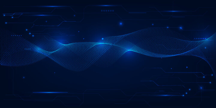 Vector illustrations of Abstract futuristic digital hi tech background with glowing dots pattern and dynamic mesh waveform