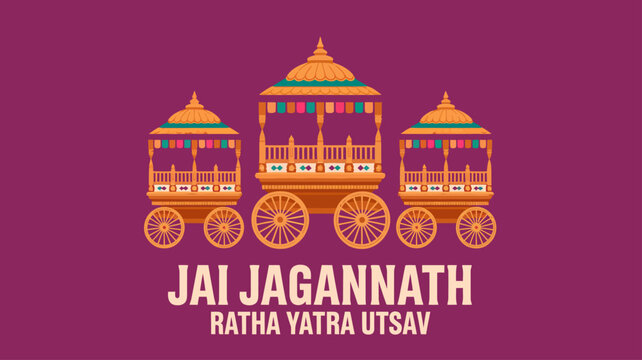 Jai Jagannath Ratha Yatra Utsav greeting banner with three traditional festival chariots on purple background
