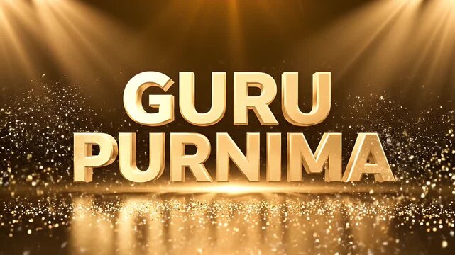Golden guru purnima text shines with bright stage lights and floating particles effect