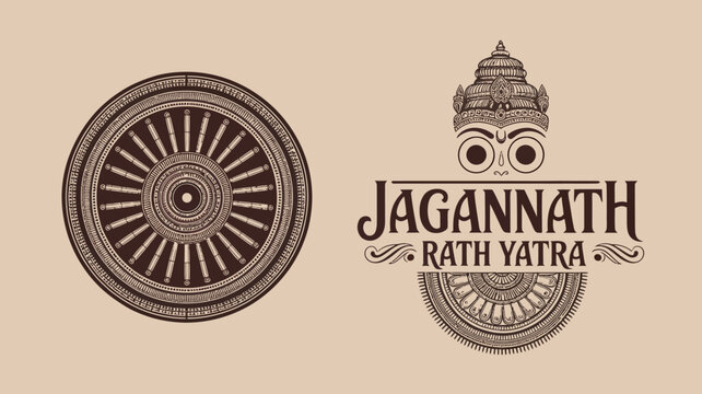 Minimalist Jagannath Rath Yatra greeting banner with intricate chariot wheel and line art deity face