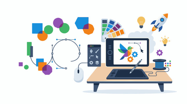 A colorful illustration of a computer and graphic design tools on a desk