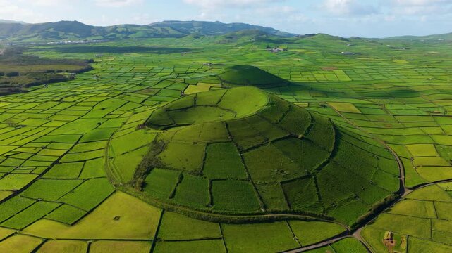 Pico Dona Joana Surrounded By Patchwork Fields In Summer In Terceira Island, Azores, Portugal. - aerial shot