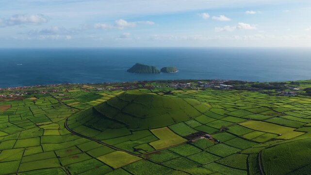 Aerial View Of Pico Dona Joana, Patchwork Fields And Cabras Islets In Terceira Island, Azores, Portugal.