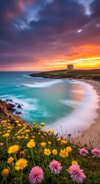 Scenic coastal landscape with a historic stone tower at sunset