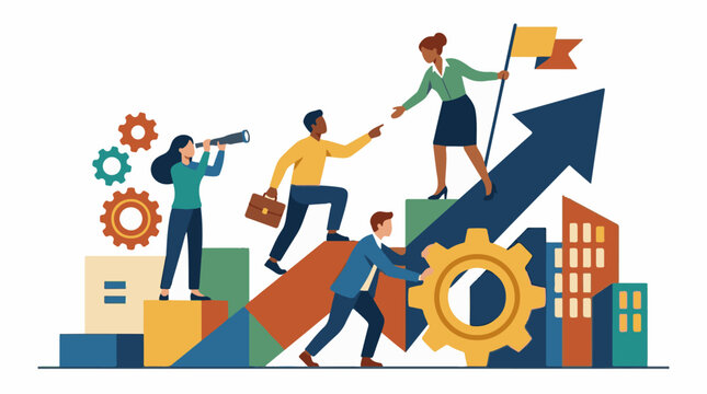 A colorful illustration of four people working together to climb an arrow, surrounded by geometric shapes and cogs