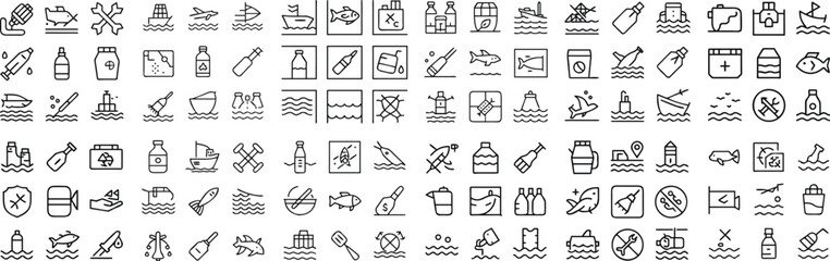 A collage of line art icons representing various fishing gear, aquatic life, and water-related activities, presented in a grid format, perfect for design elements. © Nur