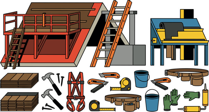 Roofing construction vector icon set featuring house roof scaffolding ladders safety harnesses tool belts shingles and hardware