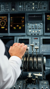 A pilot's hand adjusting the throttle controls in an aircraft cockpit. Aviation operation and control.