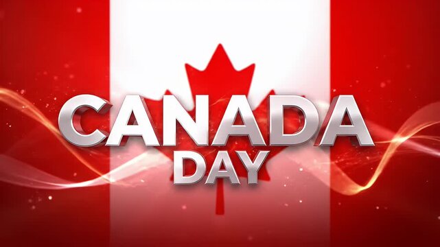 Shiny metallic Canada day text logo overlaying a red and white maple leaf background